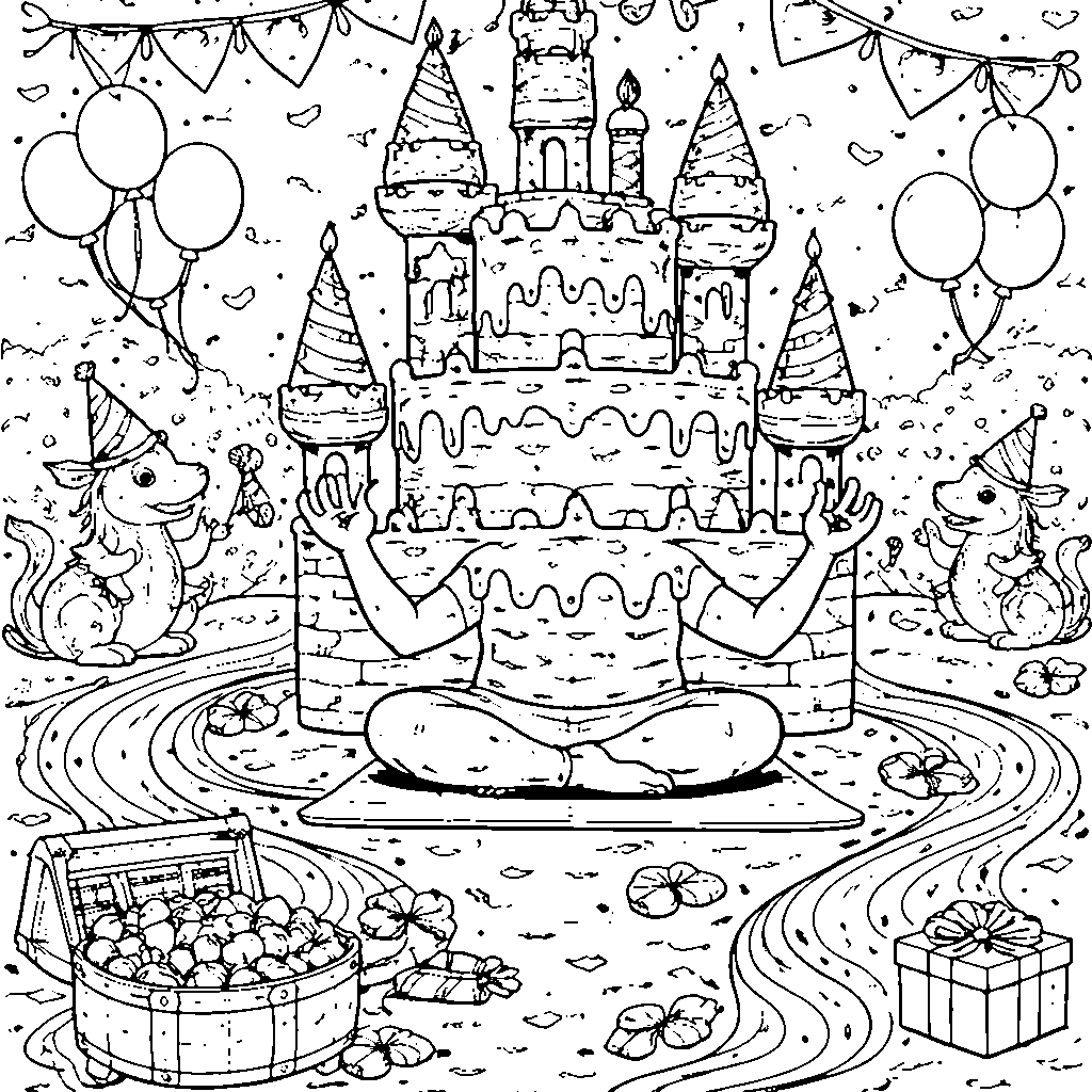 Magical Birthday Cake Castle Coloring Page