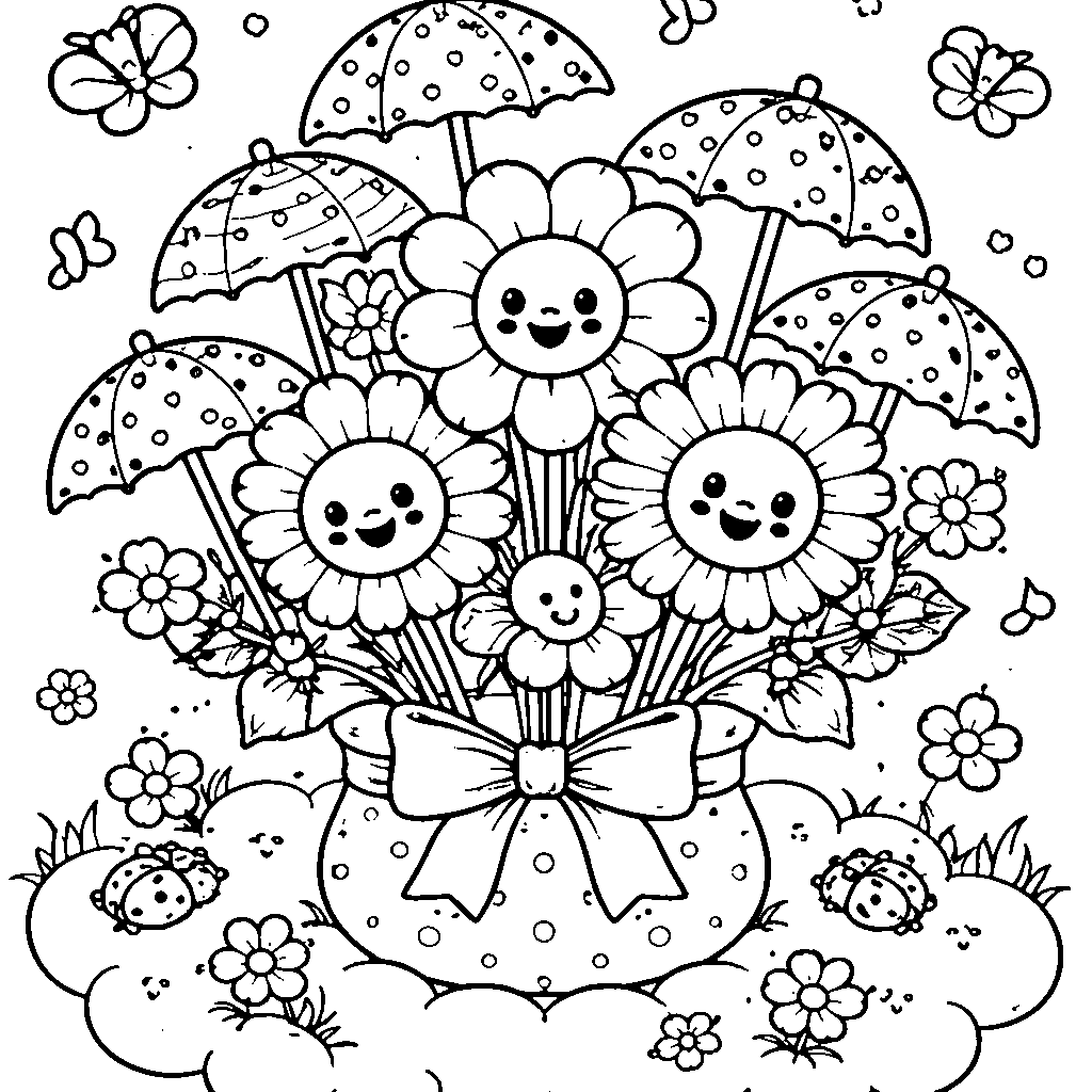 Bouquet of Flowers with Tiny Umbrellas Coloring Page