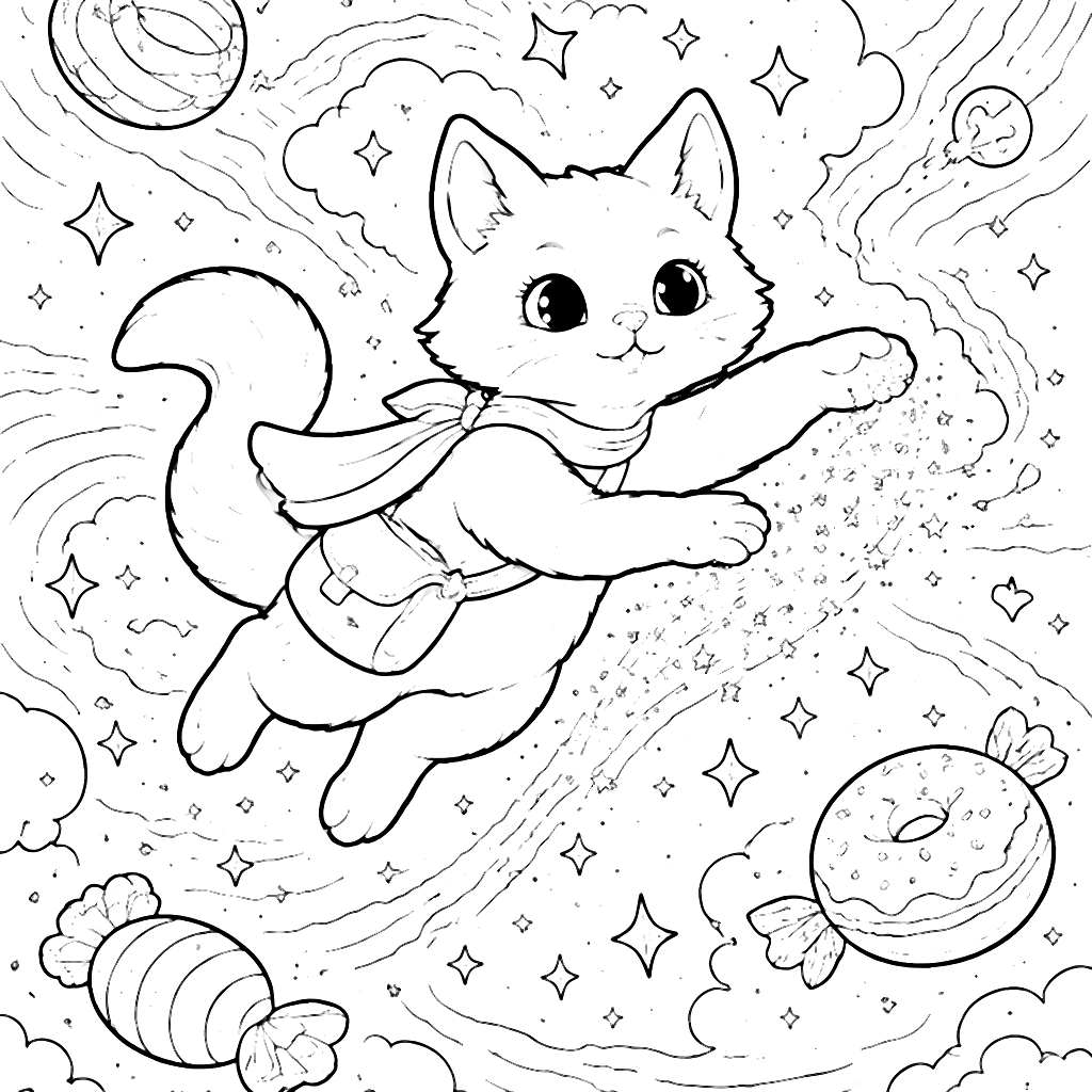 A Brave Cat in a Vibrant Nebula - Coloring Page