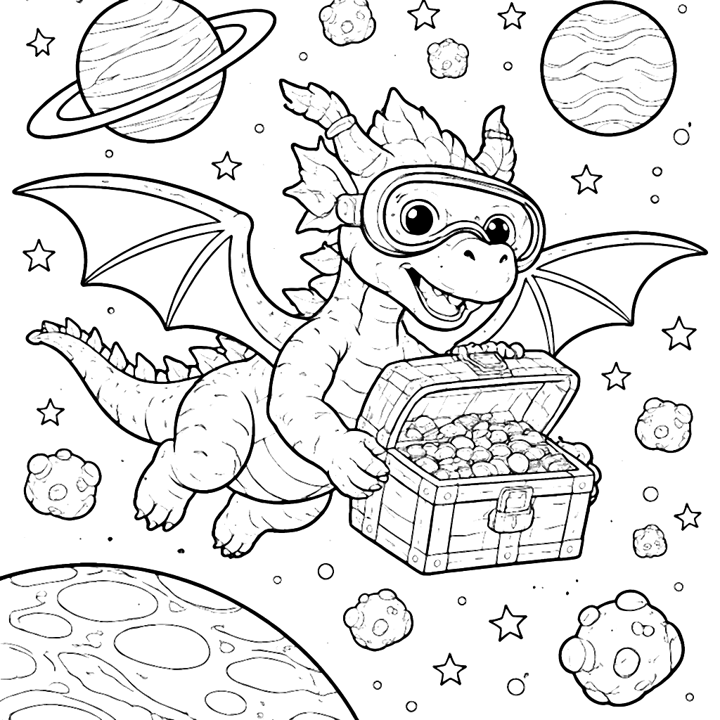 Coloring Page of a Brave Dragon in Space