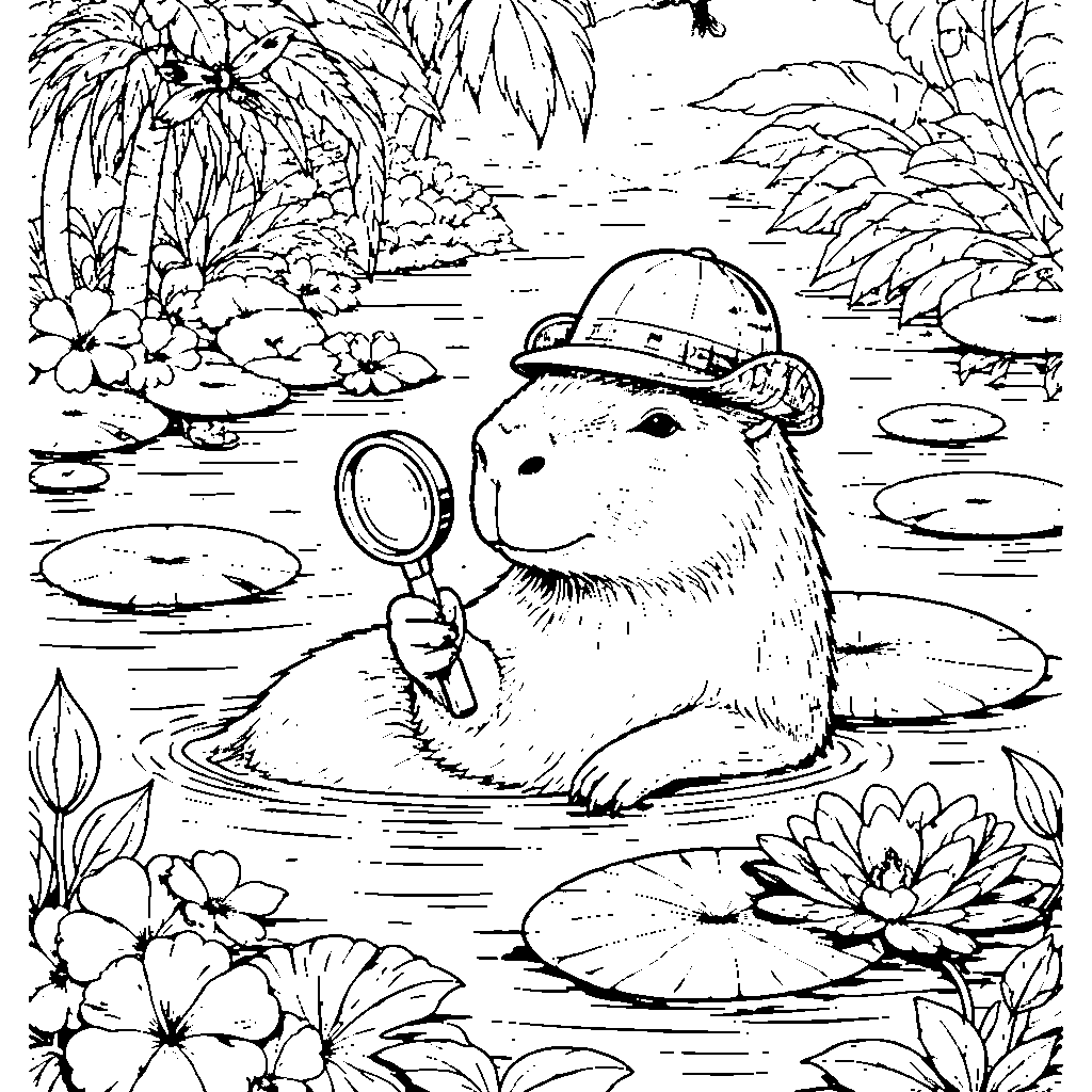 Capybara Lounging in a Tropical Pond Coloring Page