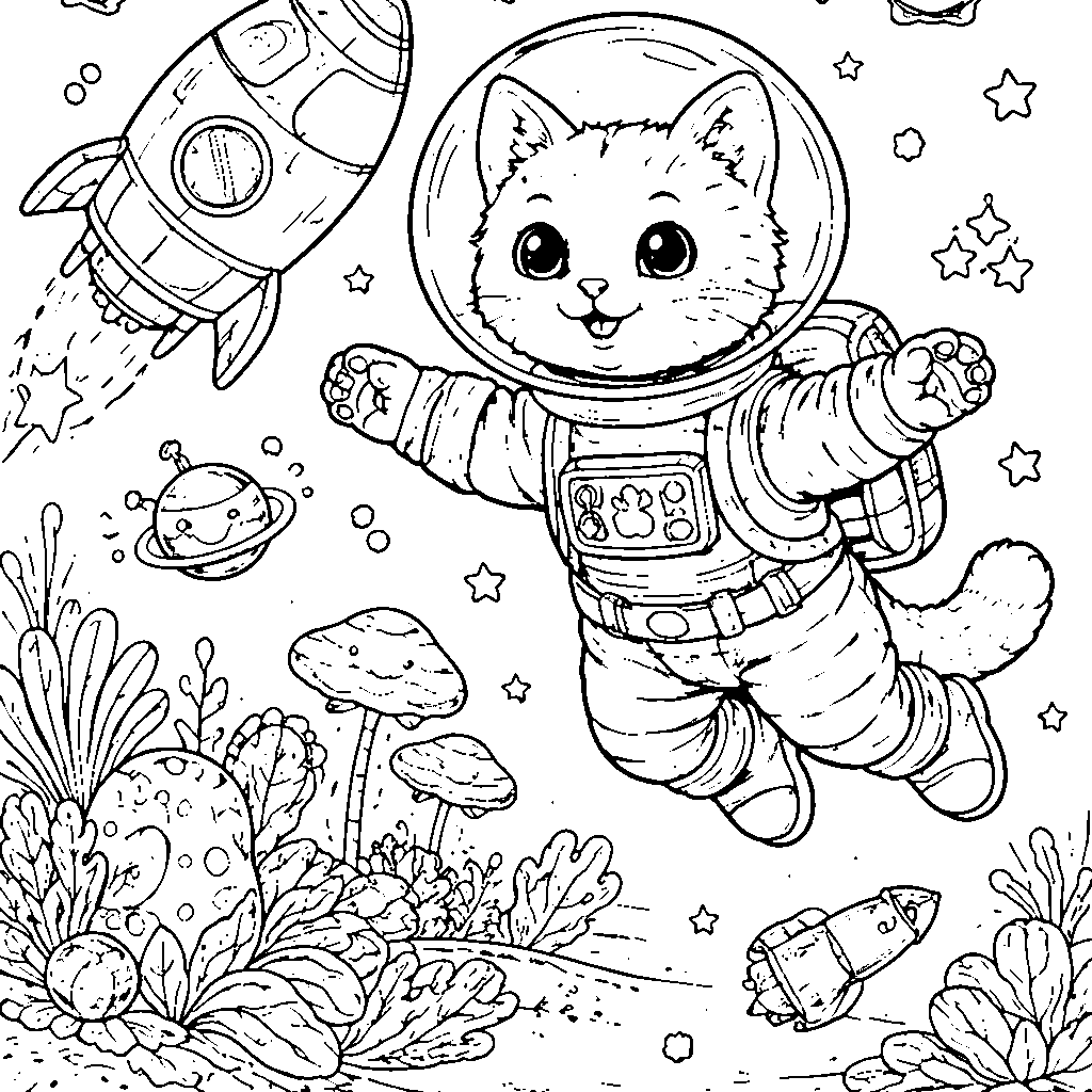 Cat Dressed as a Space Explorer Coloring Page