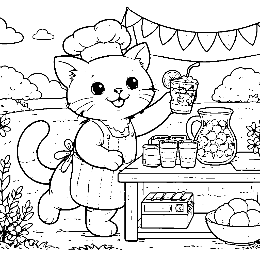 Coloring Page of a Cat Running a Lemonade Stand