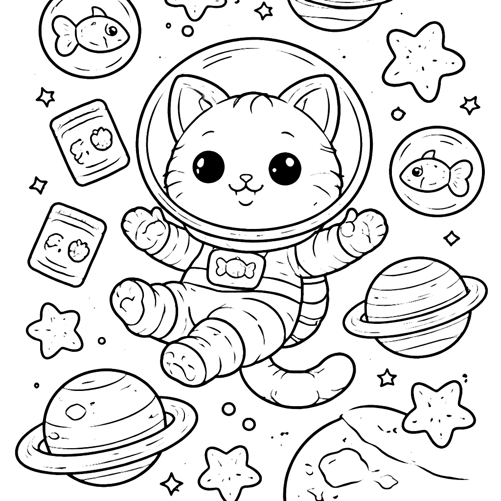Coloring Page of a Cat Floating in Cosmic Landscape