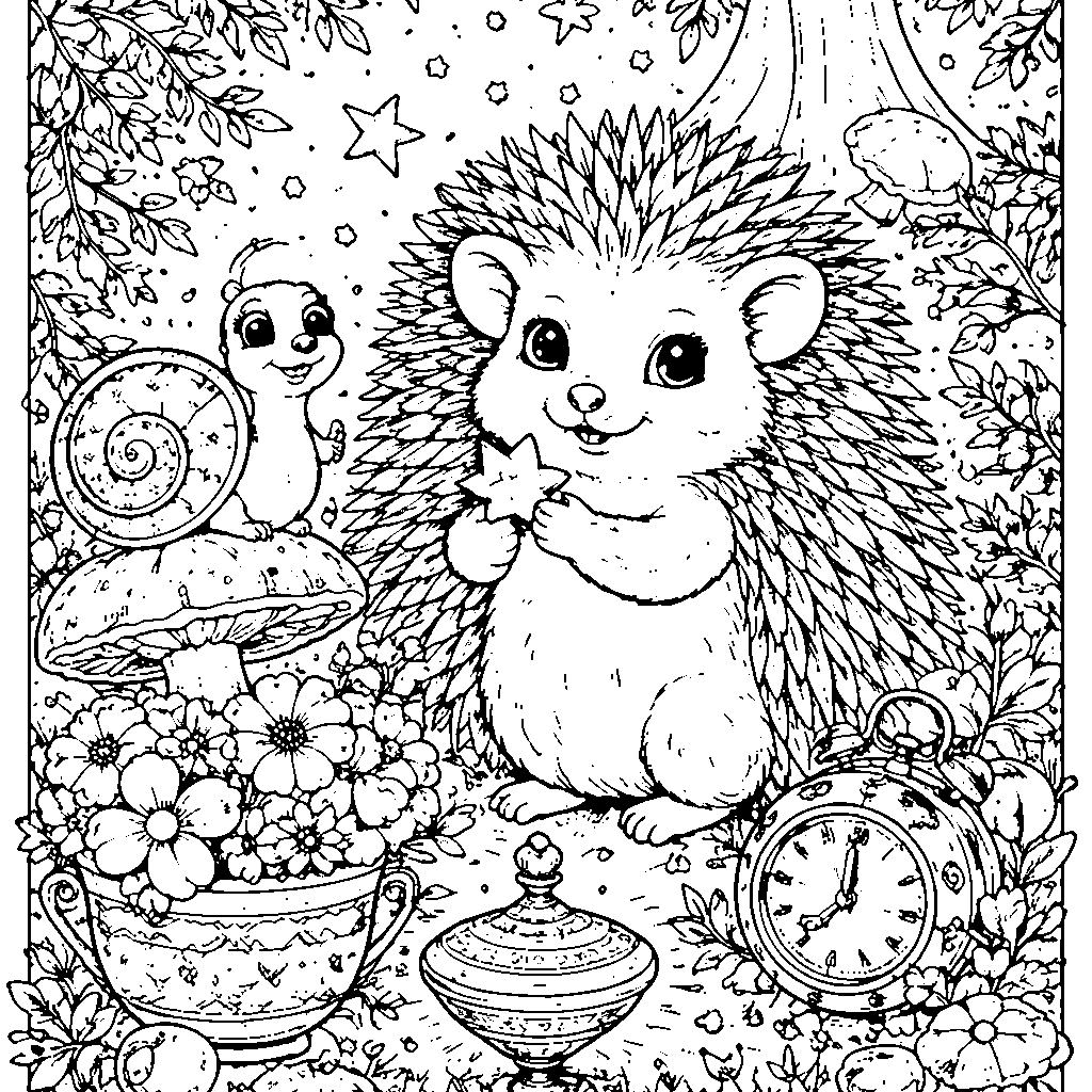 Coloring Page of a Charismatic Hedgehog in a Garden