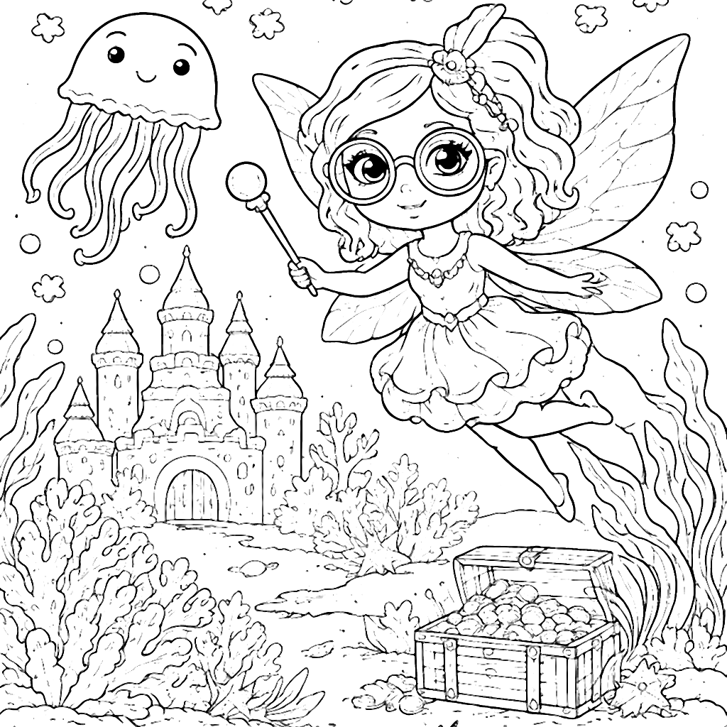 Coloring Page of a Charming Fairy in an Underwater Castle