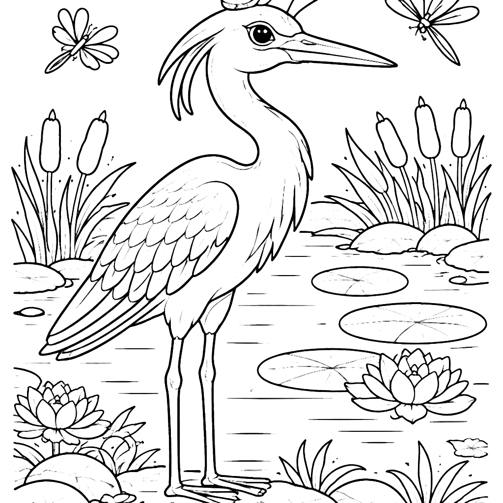 Coloring Page of a Charming Heron by a Pond