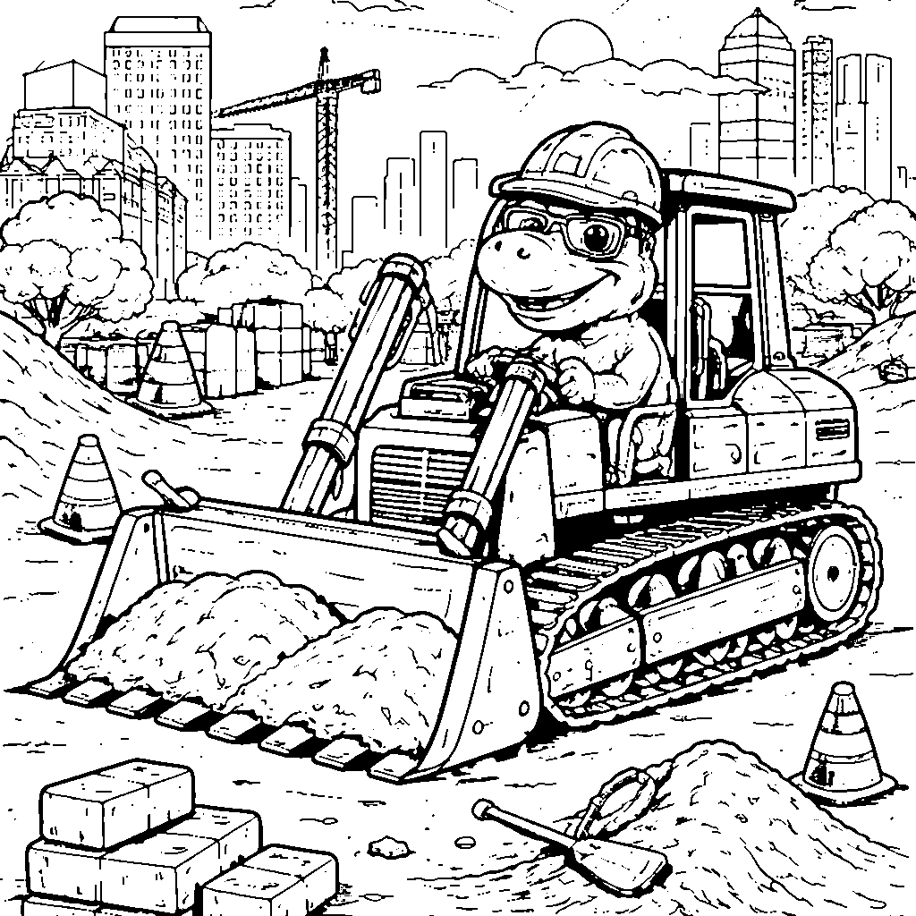 Cheerful Dinosaur with Bulldozer Coloring Page