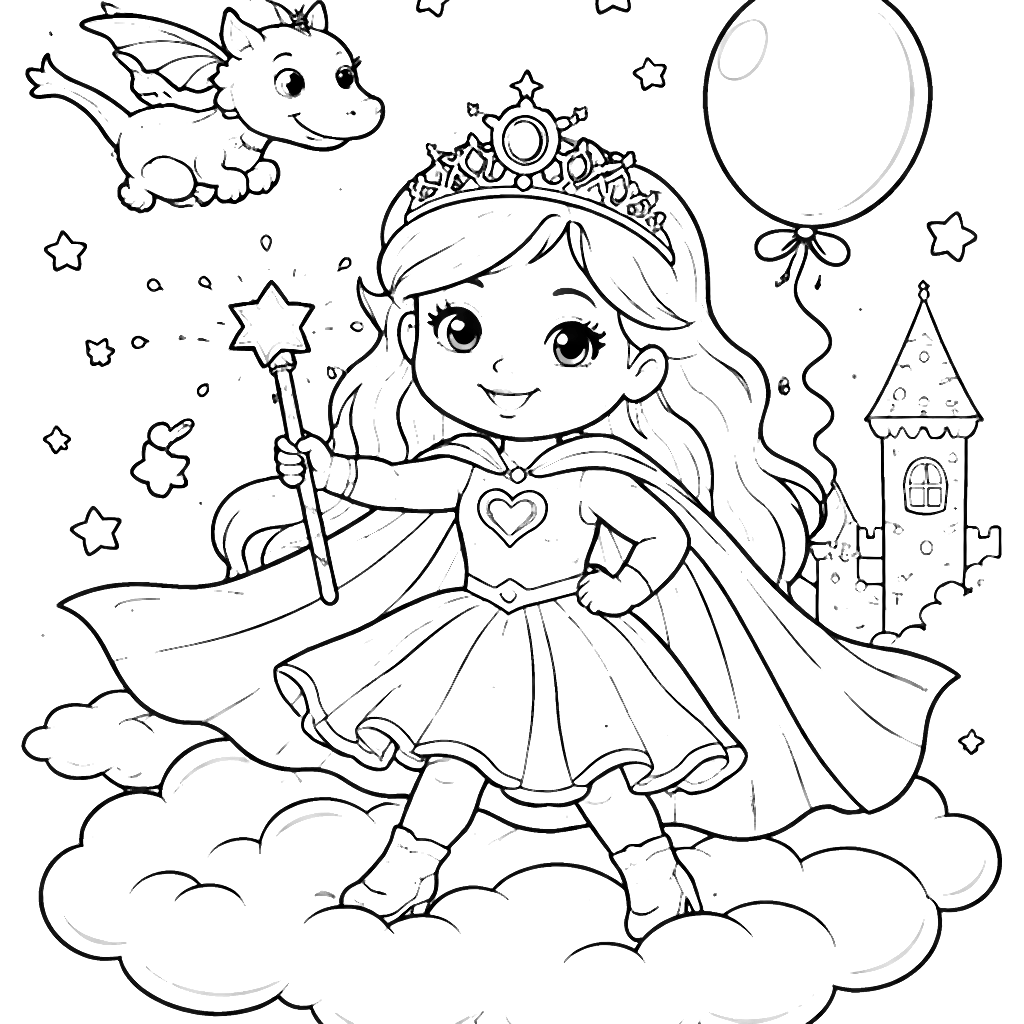 Coloring Page of a Cheerful Fairy Tale Princess