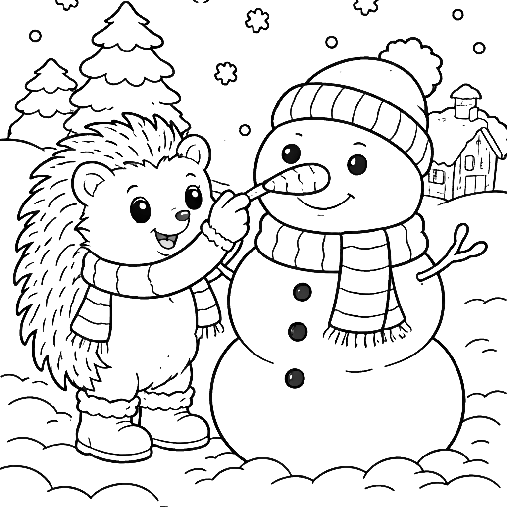 A Cheerful Hedgehog Building a Snowman Coloring Page
