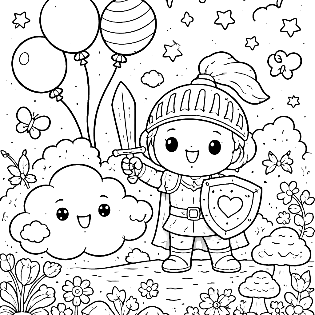 Coloring Page of a Cheerful Knight with Fluffy in the Forest