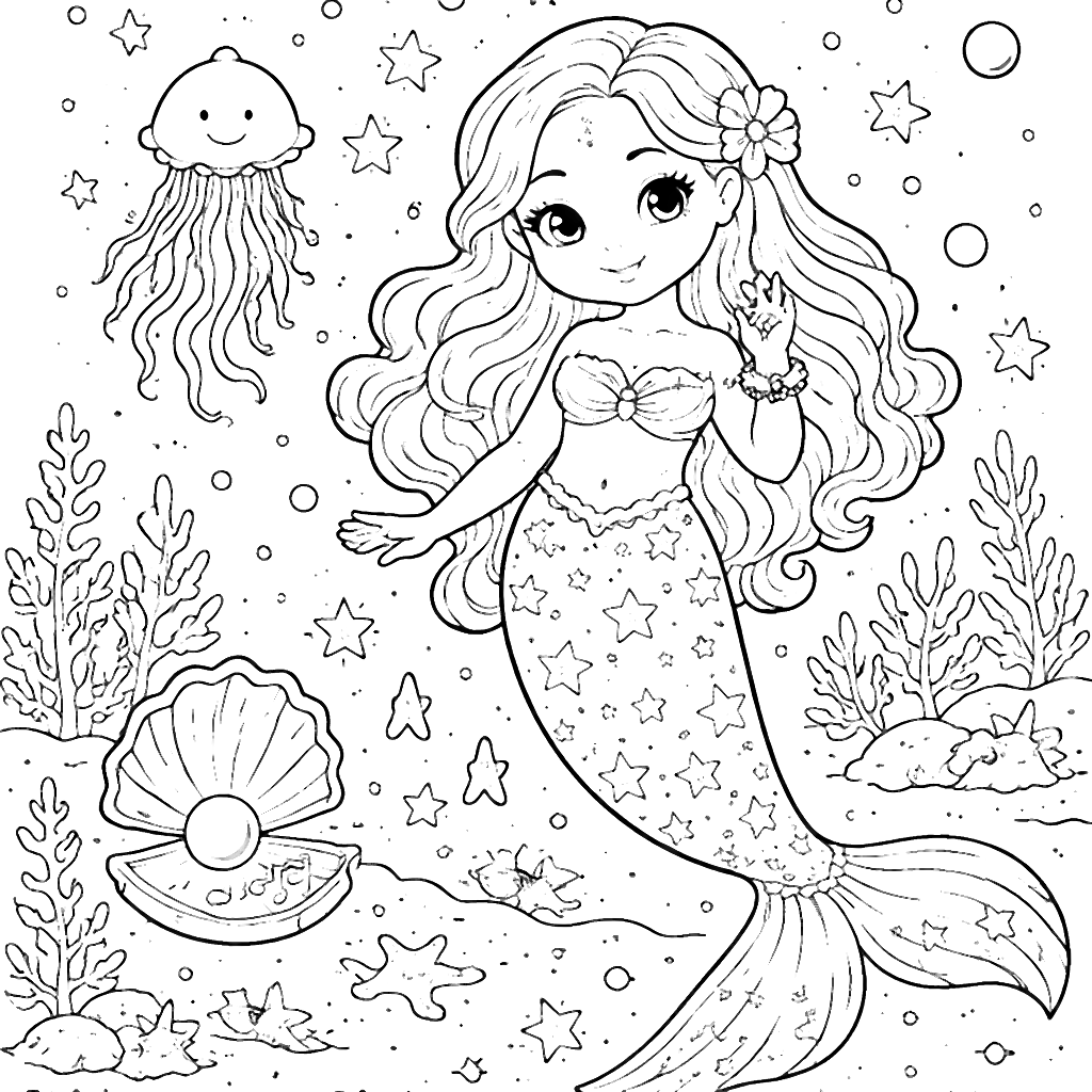 Coloring Page of a Cheerful Mermaid in an Underwater Kingdom