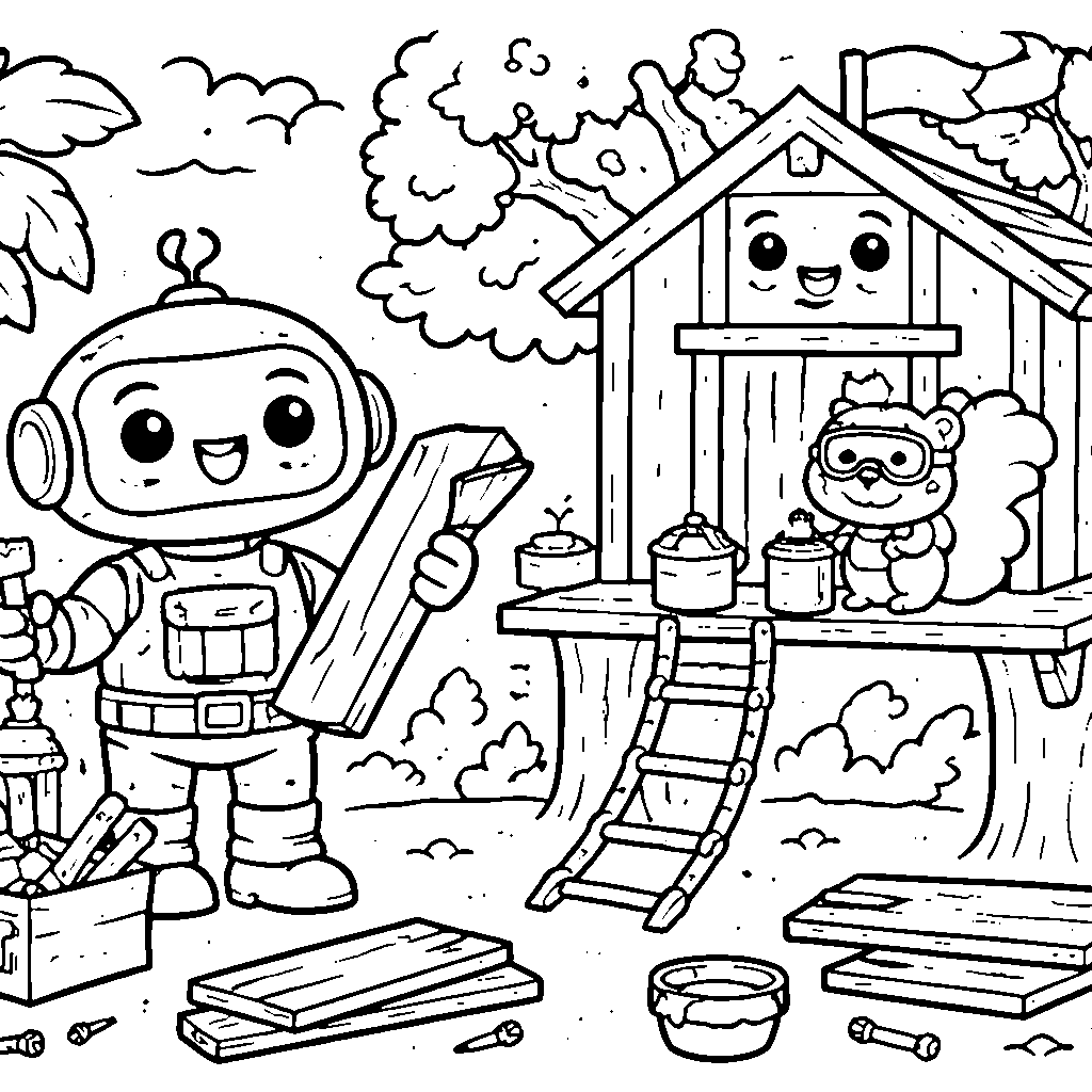 Cheerful Robot Building a Treehouse Coloring Page