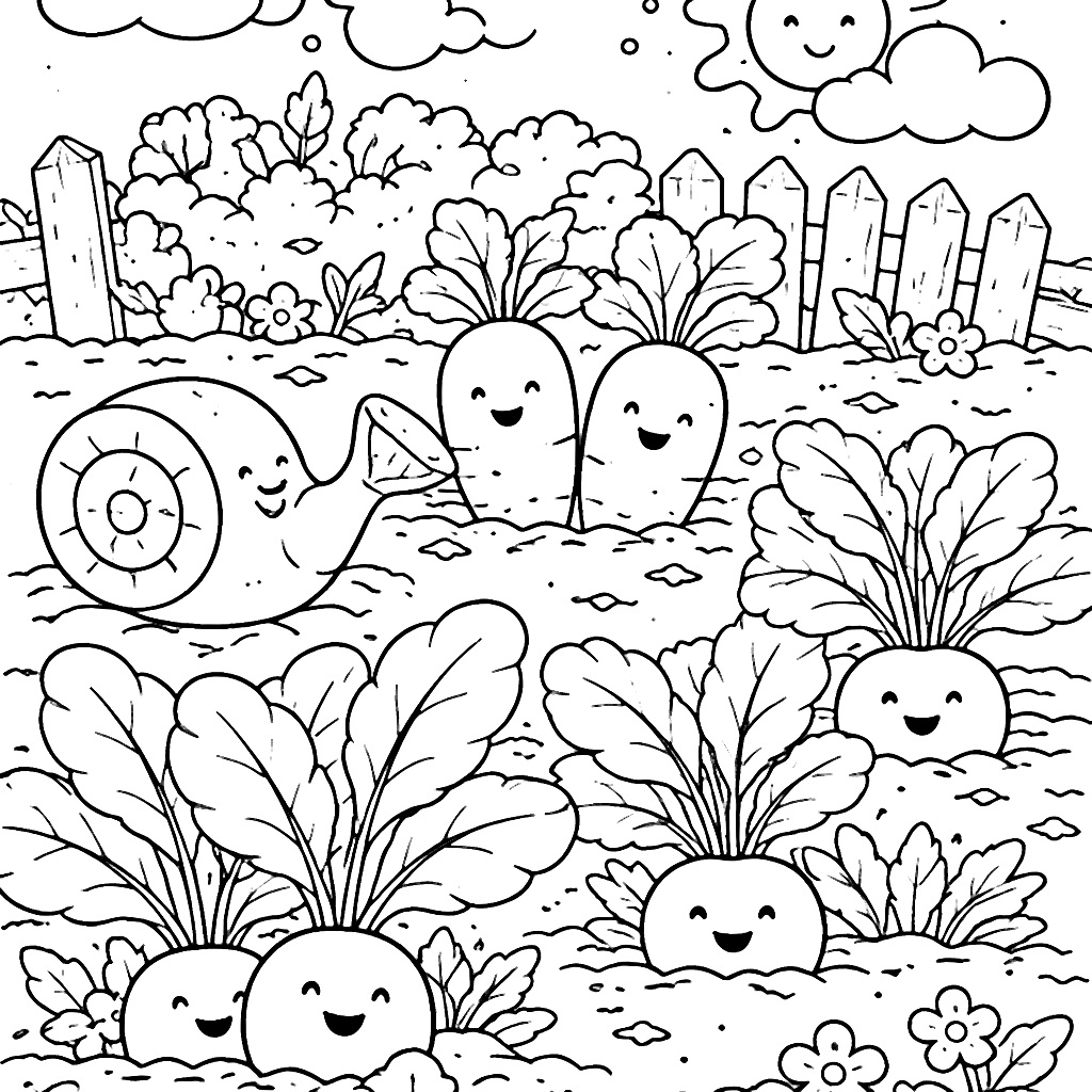 Coloring Page of a Cheerful Vegetable Patch Scene