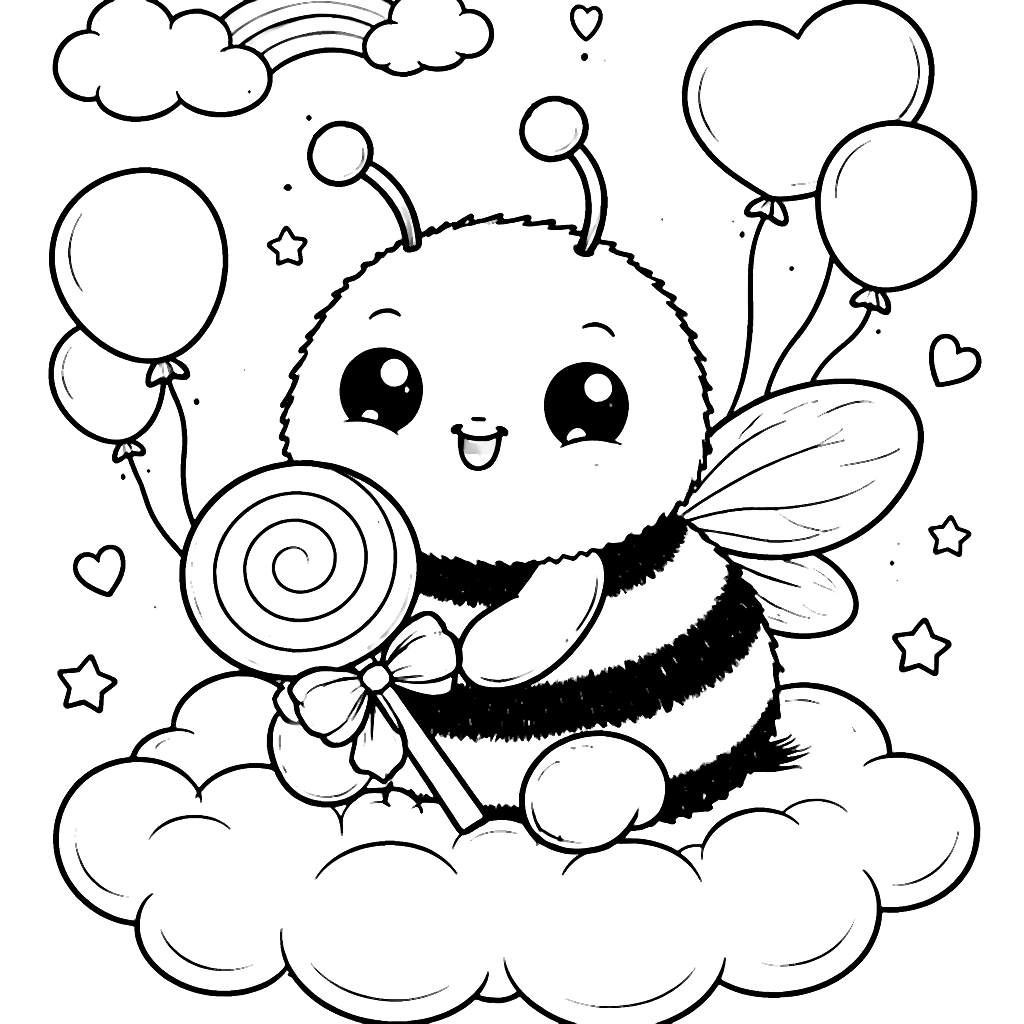 Coloring Page of a Chubby Bumblebee on a Cloud