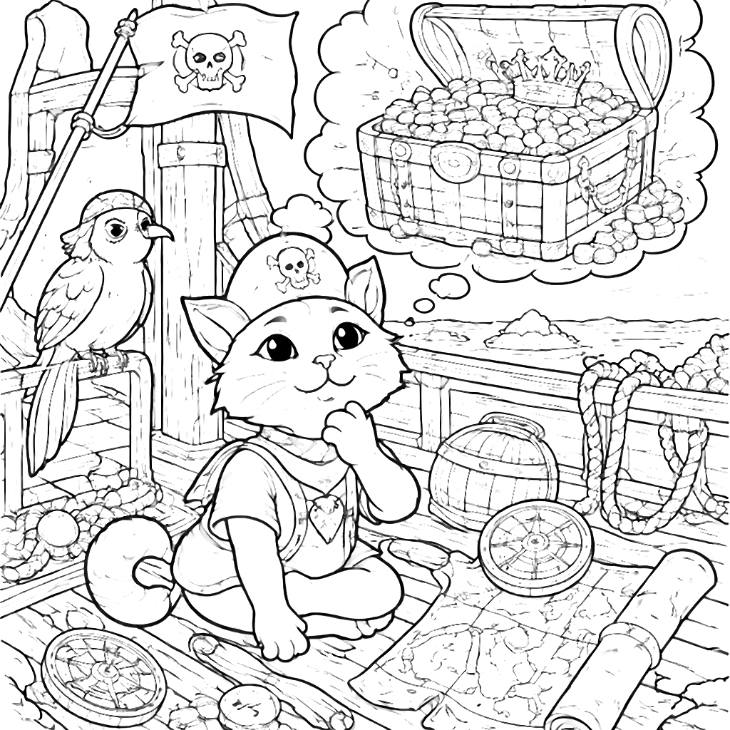 Coloring Page of a Clever Cat on a Pirate Ship