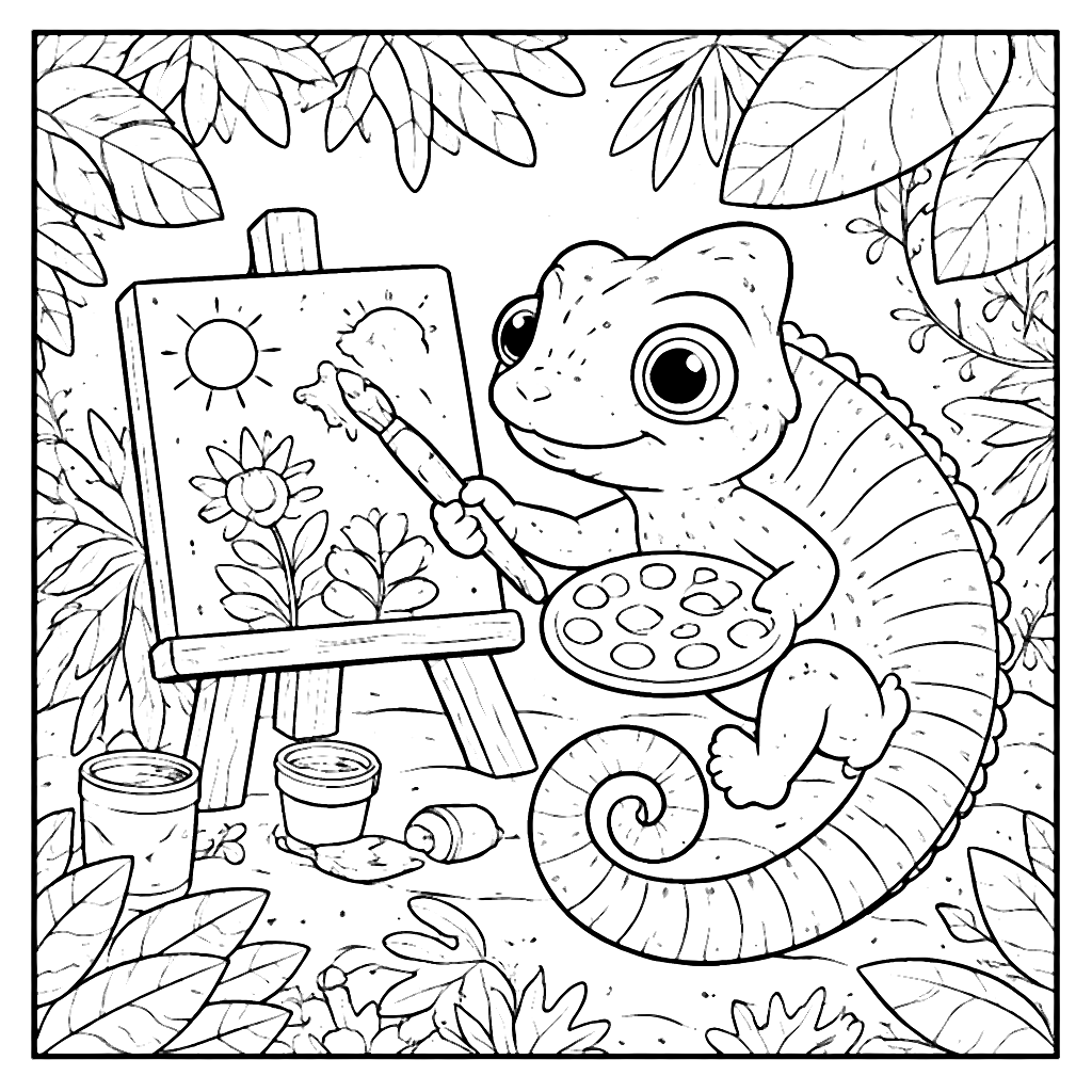 Coloring Page: A Clever Chameleon in the Jungle