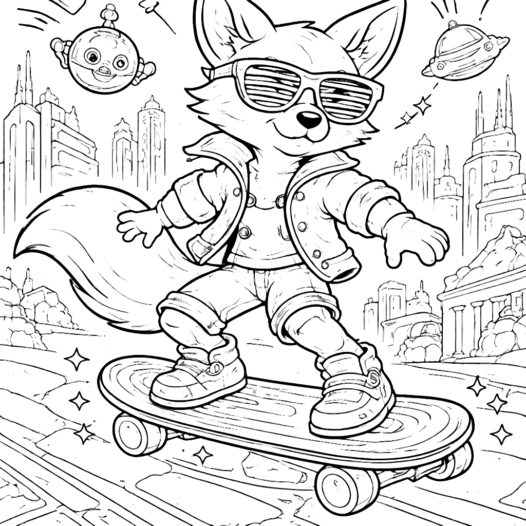 A Clever Fox Riding a Skateboard in a Futuristic City