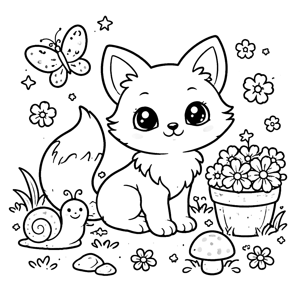 Coloring Page of a Clever Fox in a Whimsical Garden