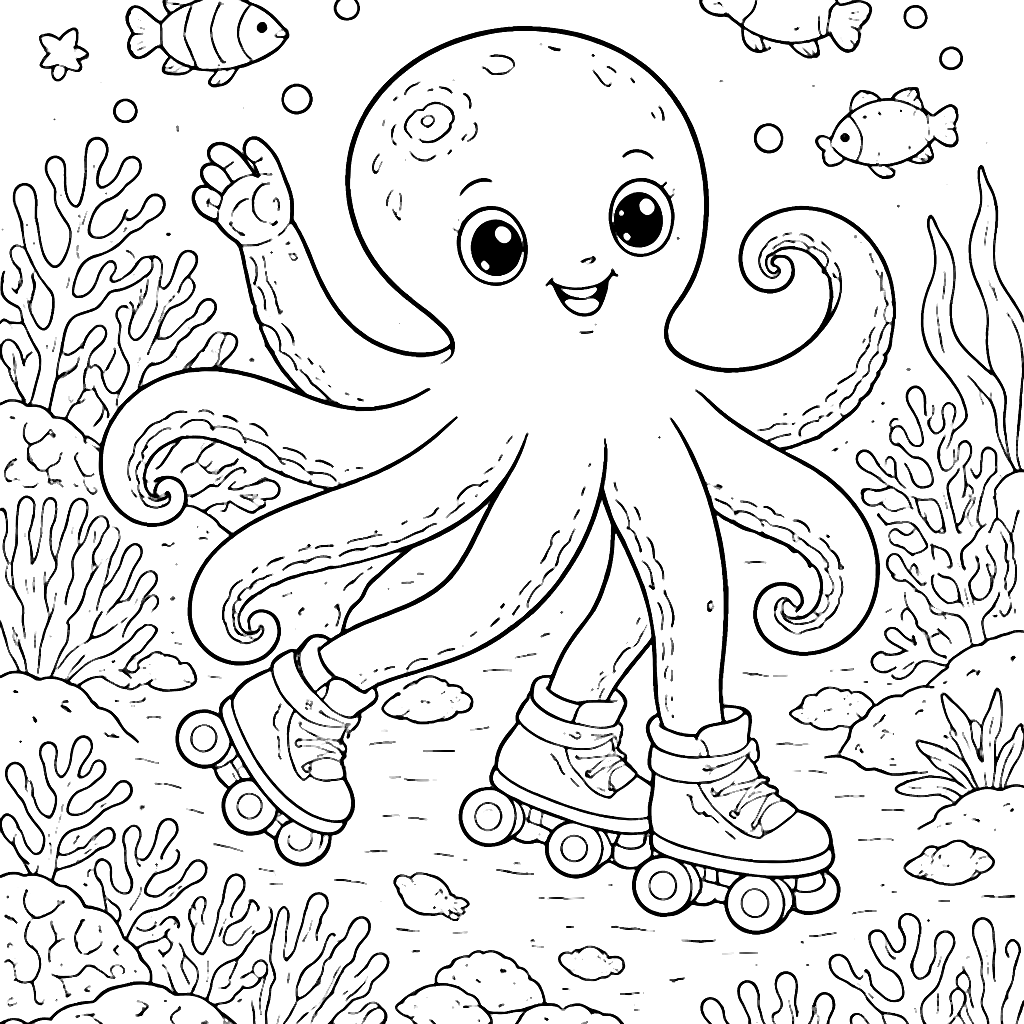 A Clever Octopus Roller Skating Underwater Coloring Page