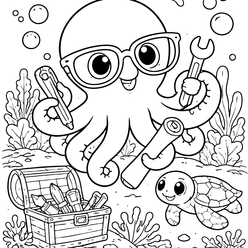 Coloring Page of a Clever Octopus Dad in Glasses