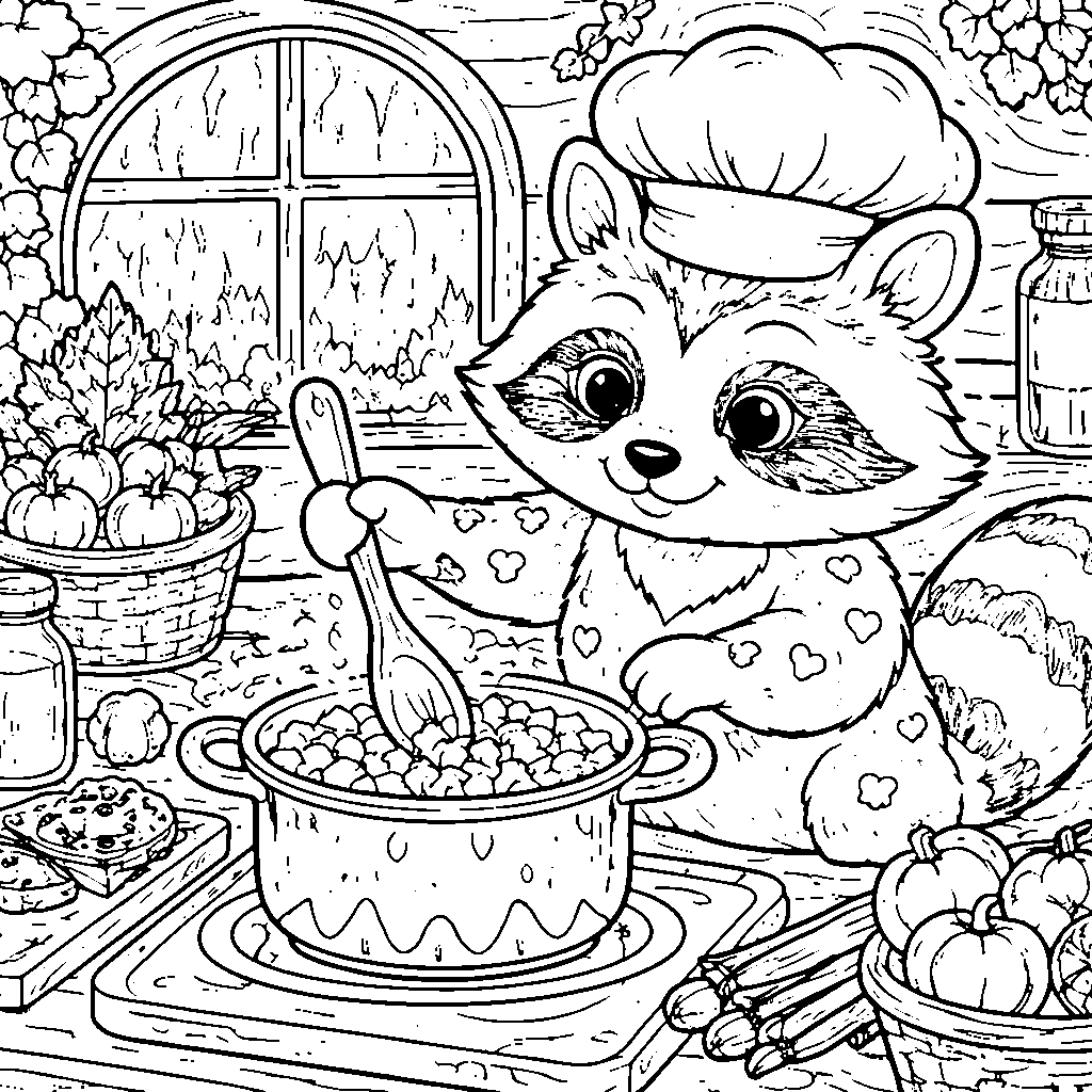 Coloring Page of a Clever Raccoon in the Forest Kitchen