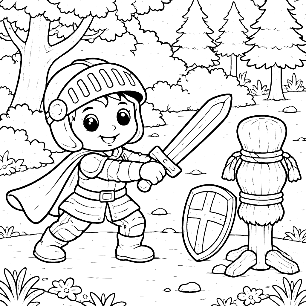 Coloring Page of a Courageous Knight Training