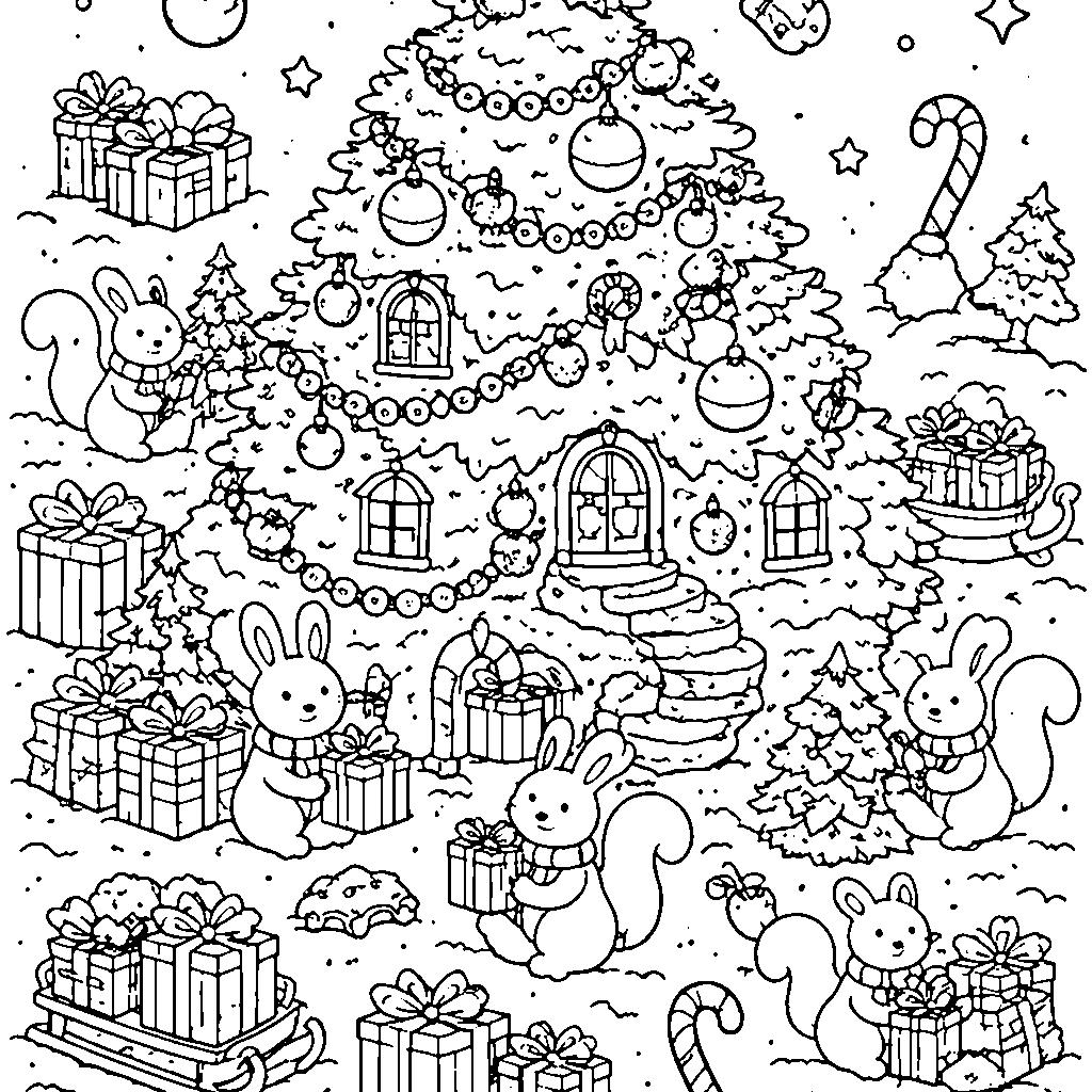 Cozy Christmas Tree Village Coloring Page