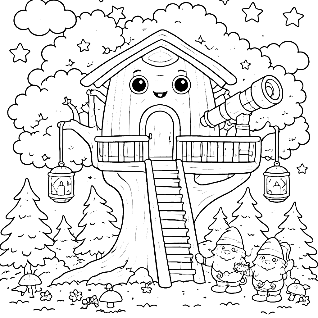 Coloring Page of a Cozy Treehouse in a Starlit Forest