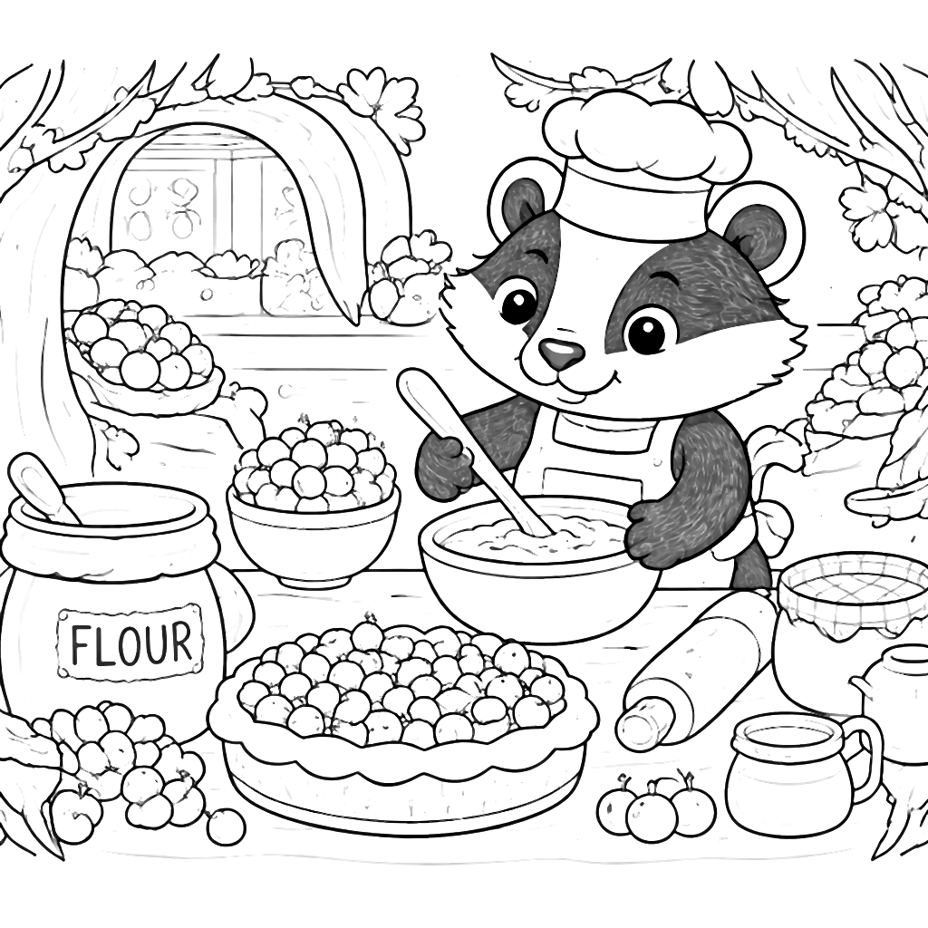 Coloring Page of a Crafty Badger Baking a Forest Pie
