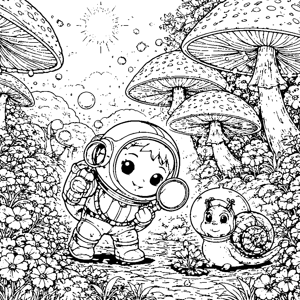 Curious Astronaut in a Forest of Giant Mushrooms