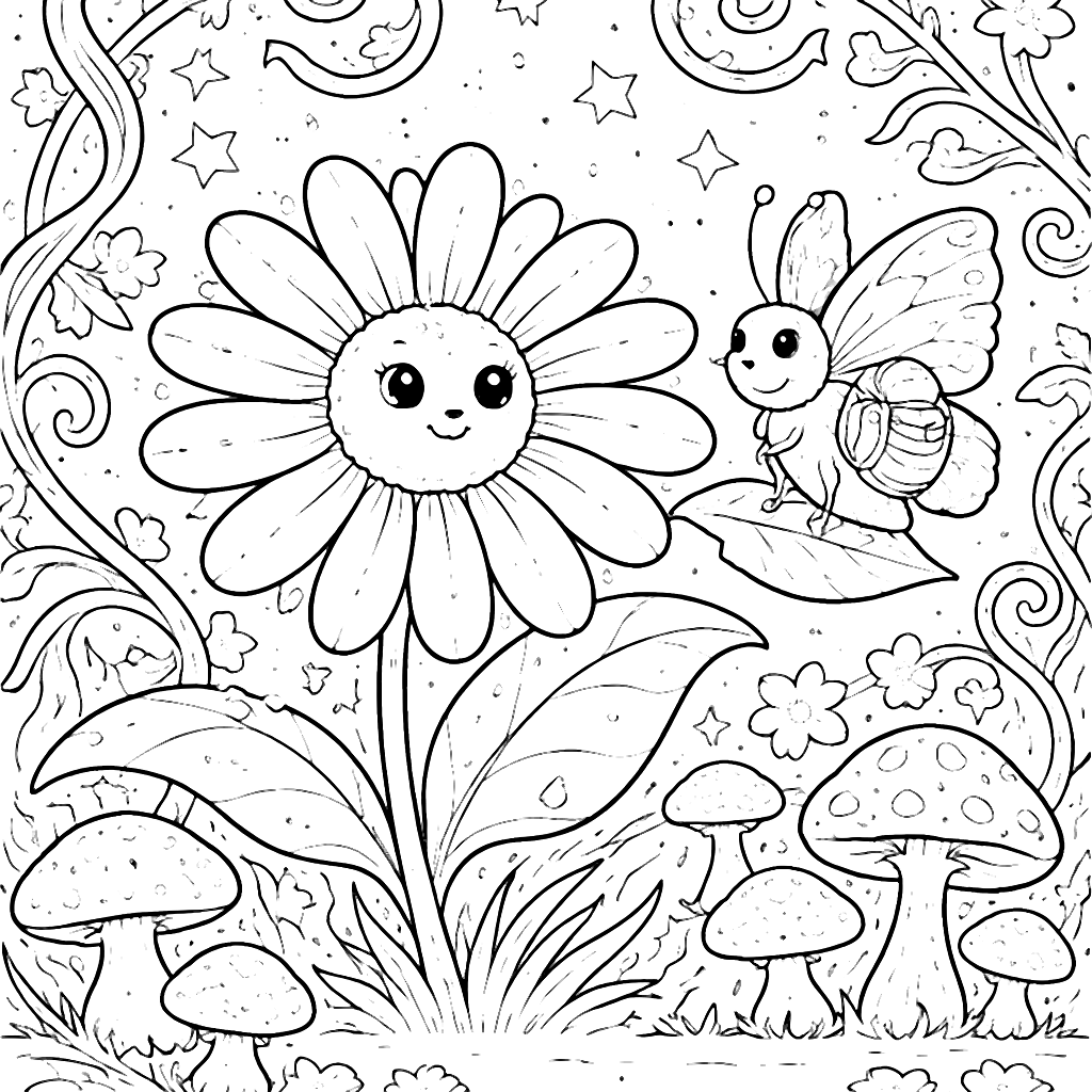 Coloring Page of A Curious Daisy in a Magical Garden