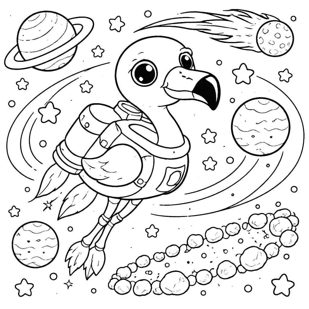A Curious Flamingo in a Colorful Galaxy Coloring Page