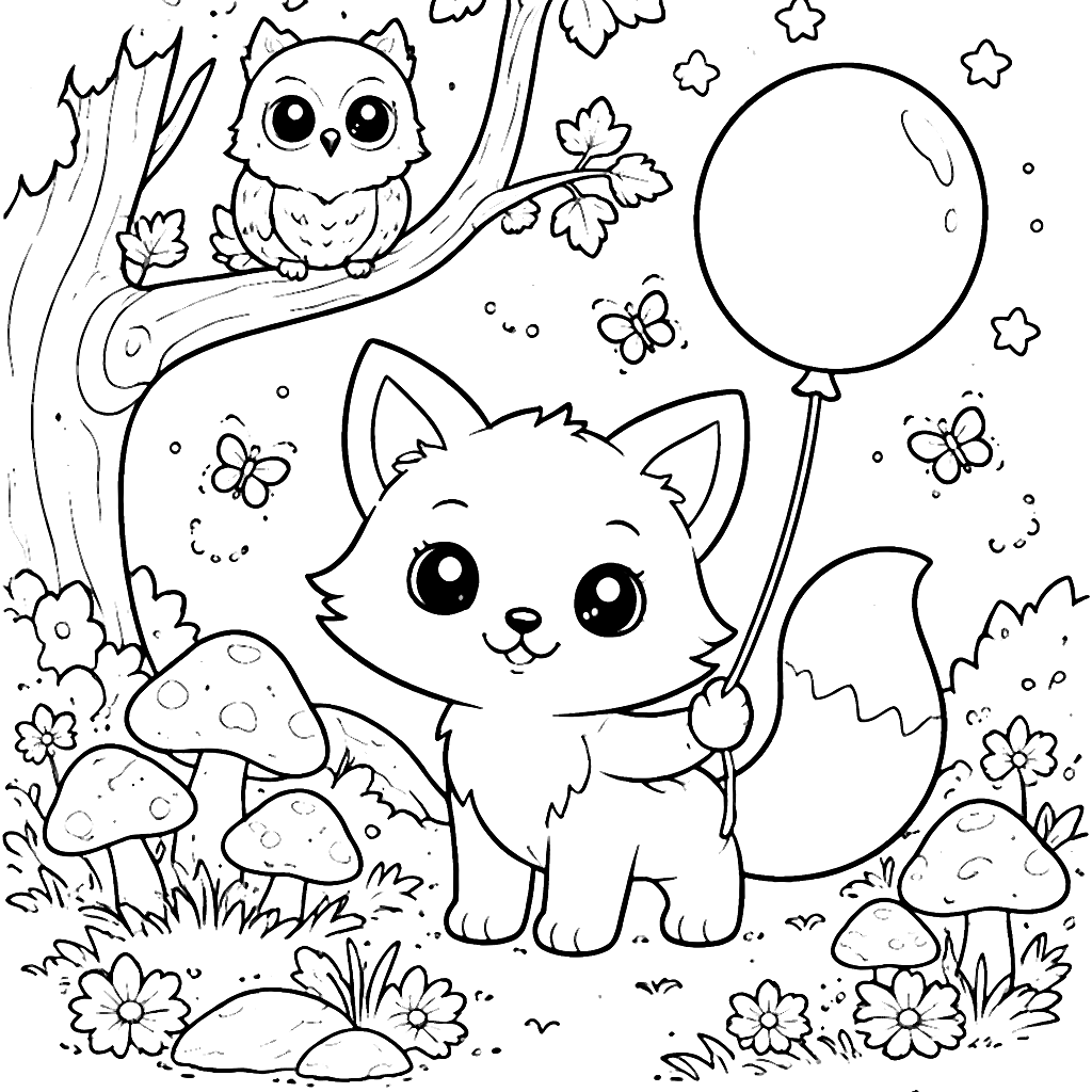 Coloring Page of a Curious Fox with a Balloon
