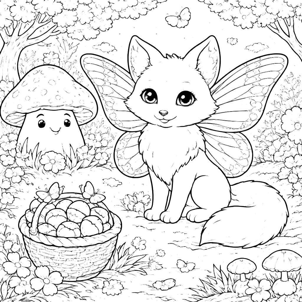 A Curious Fox with Butterfly Wings Coloring Page