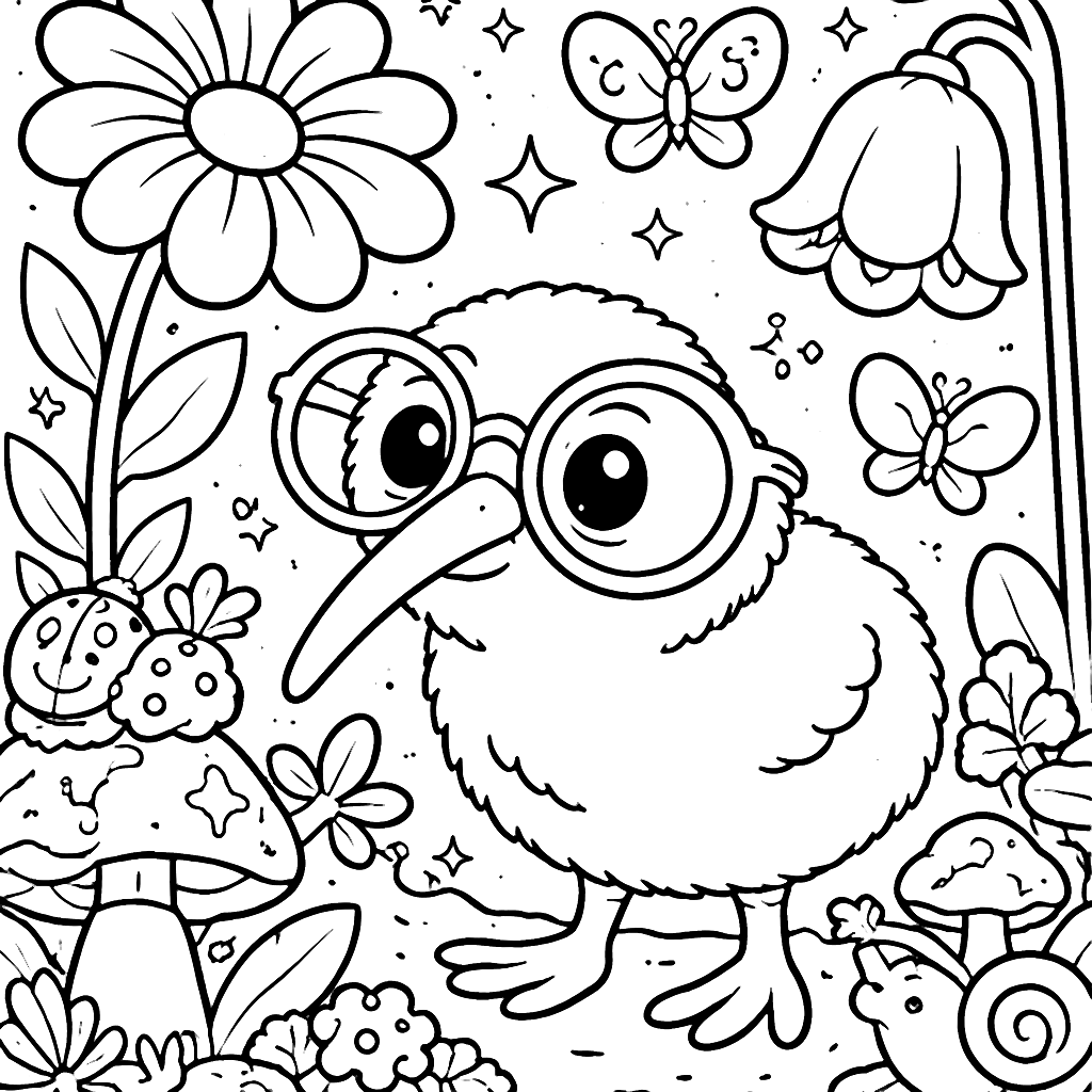 Coloring Page of a Curious Kiwi in a Magical Garden