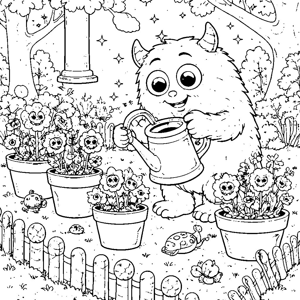 Curious Monster Gardener Coloring Page