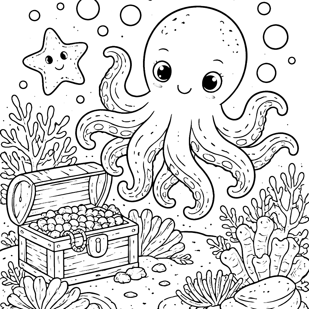 Coloring Page of a Curious Octopus and Starfish Companion