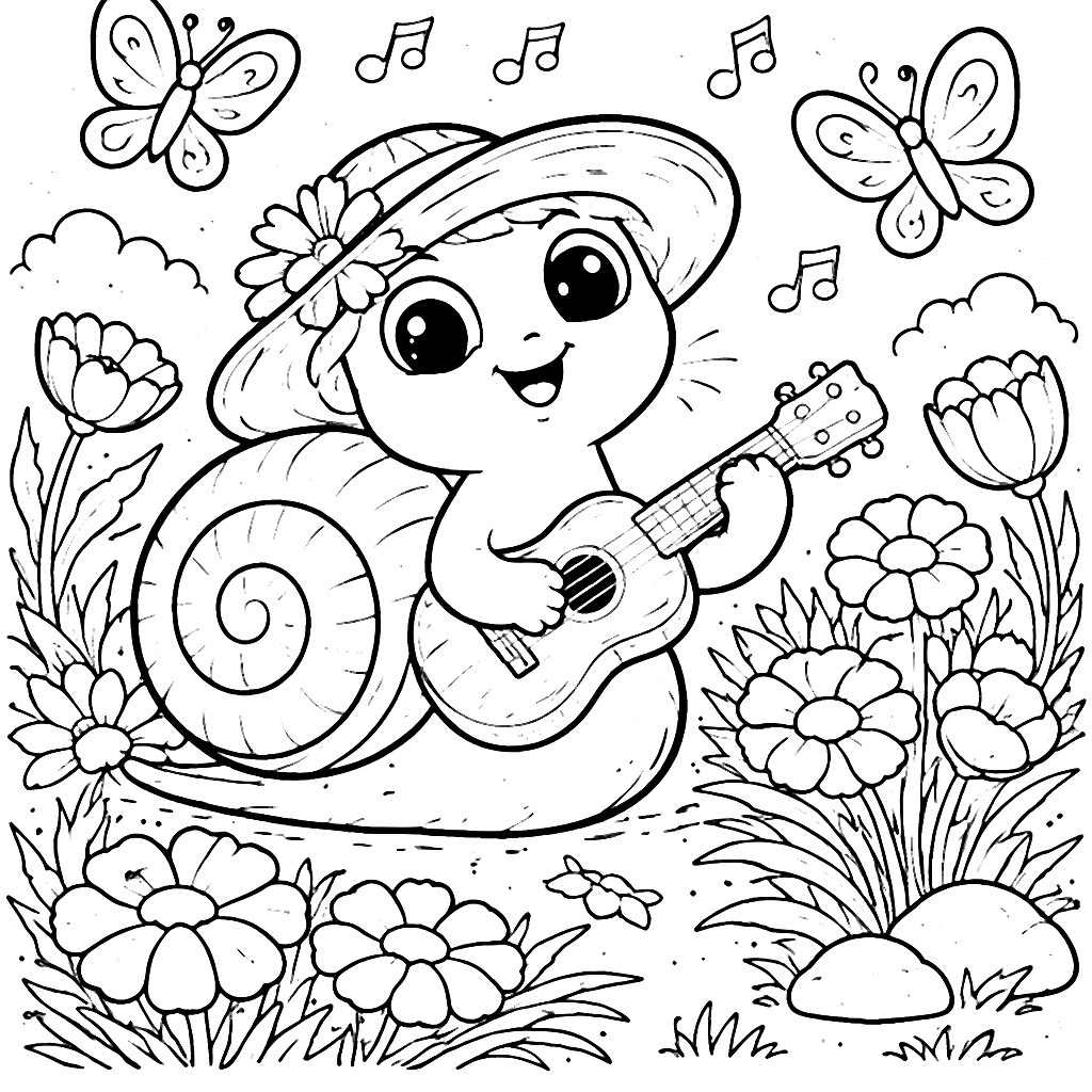 A Curious Snail Playing Ukulele in a Vibrant Garden