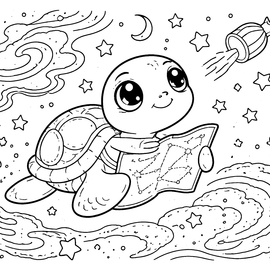 A Curious Turtle Drifting in Space - Coloring Page