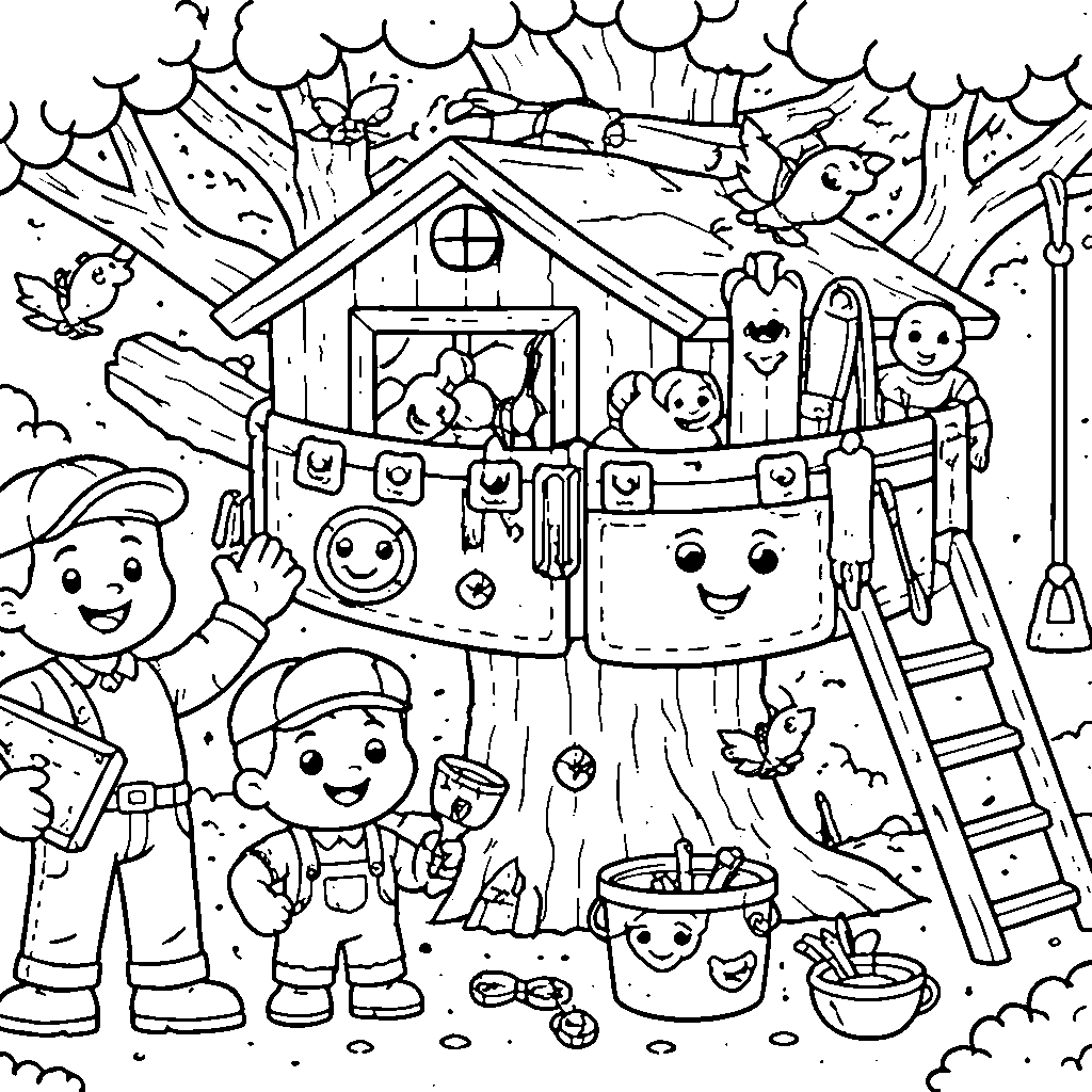 Dad and Child Building a Treehouse Coloring Page