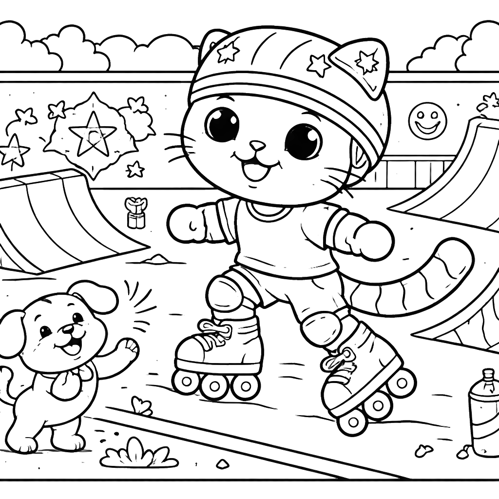 A Dad Cat Skating on Roller Skates - Fun Coloring Page