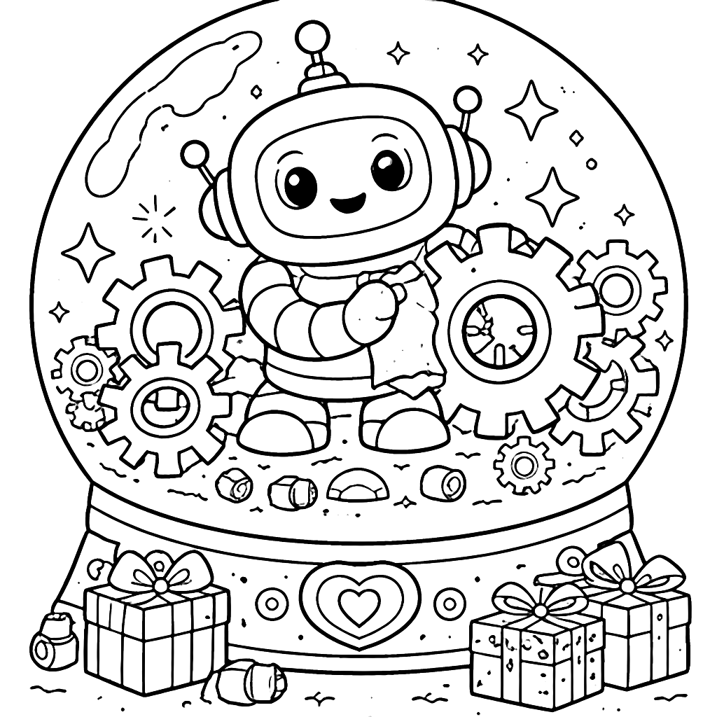 Dad Robot Polishing Gears in a Snow Globe Coloring Page