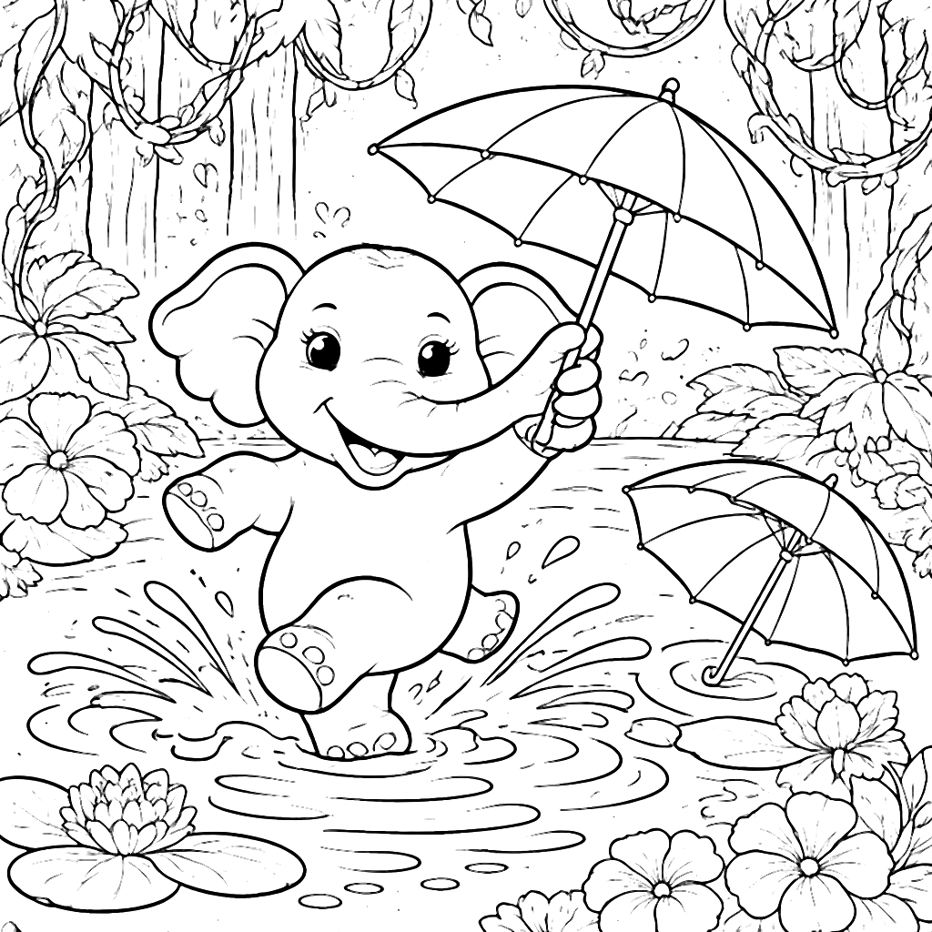 Coloring Page of a Delighted Elephant in Rainforest