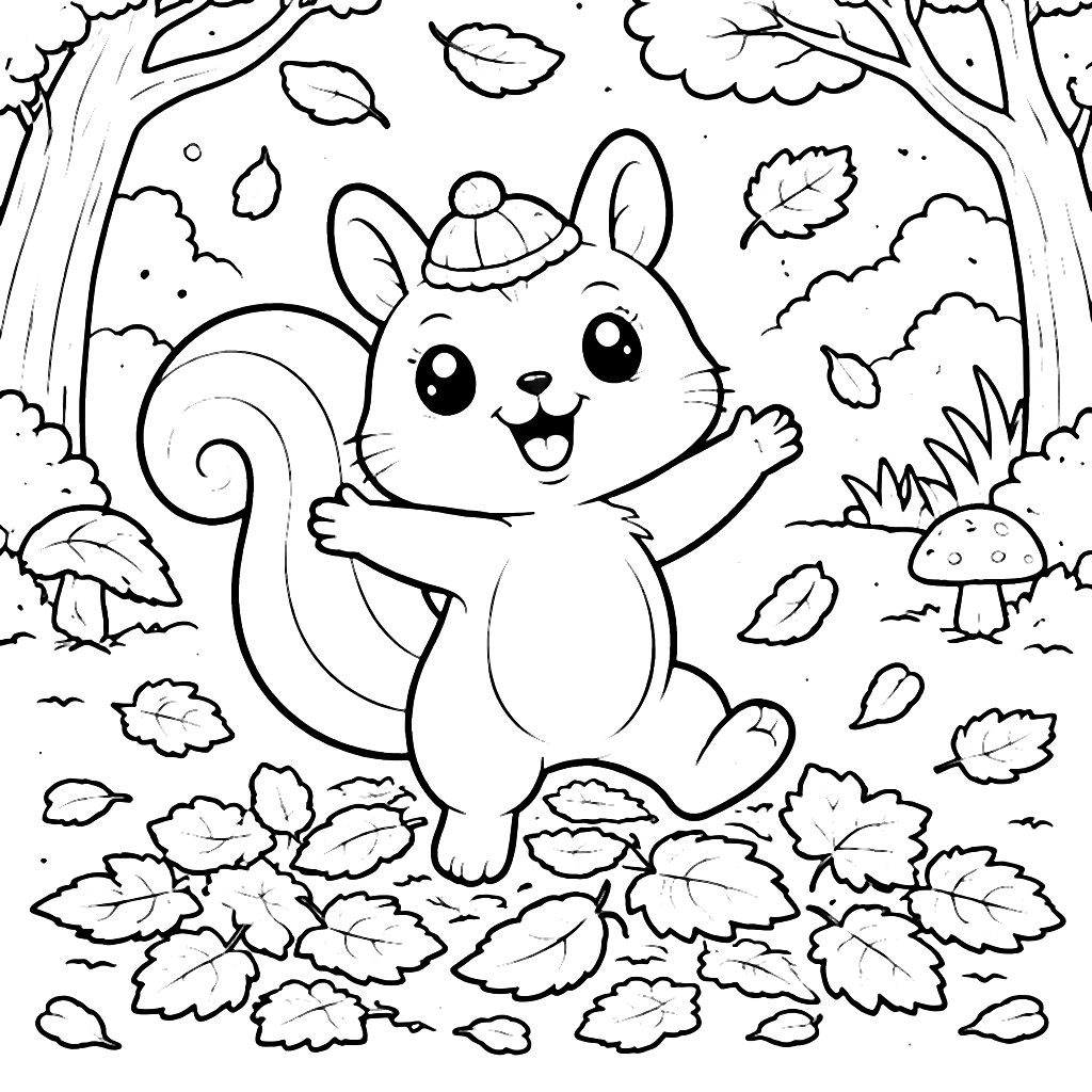 Delighted Squirrel Coloring Page in a Whimsical Forest