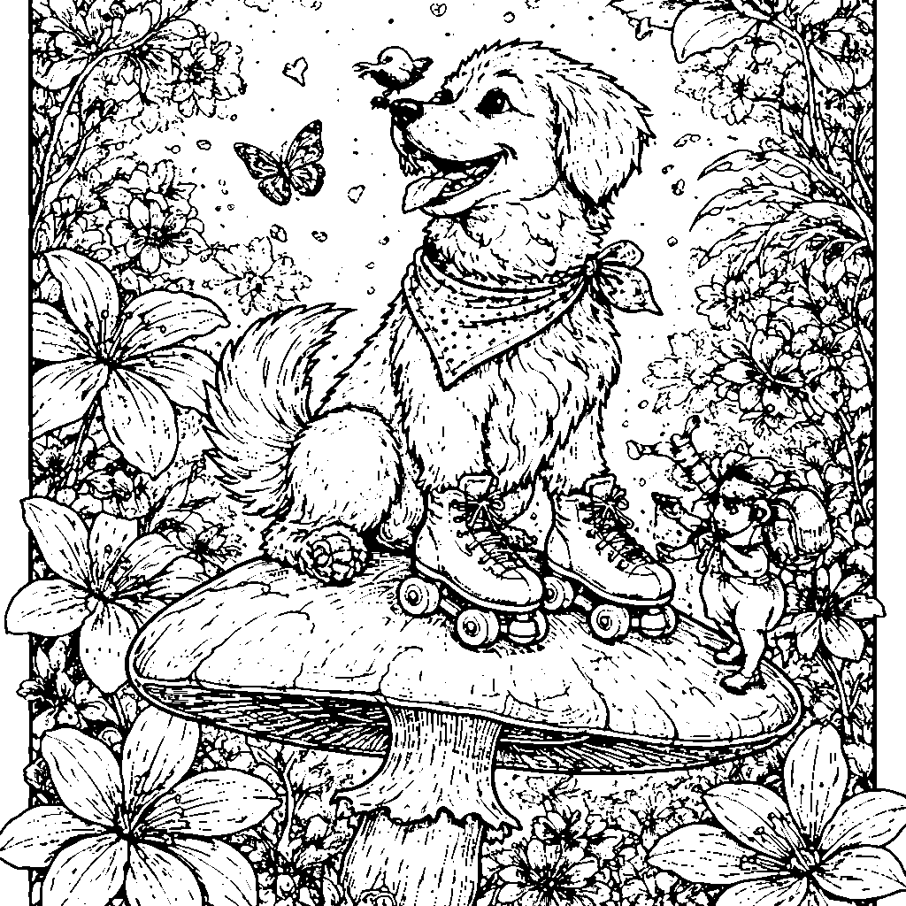 Whimsical Dog on a Giant Mushroom Coloring Page