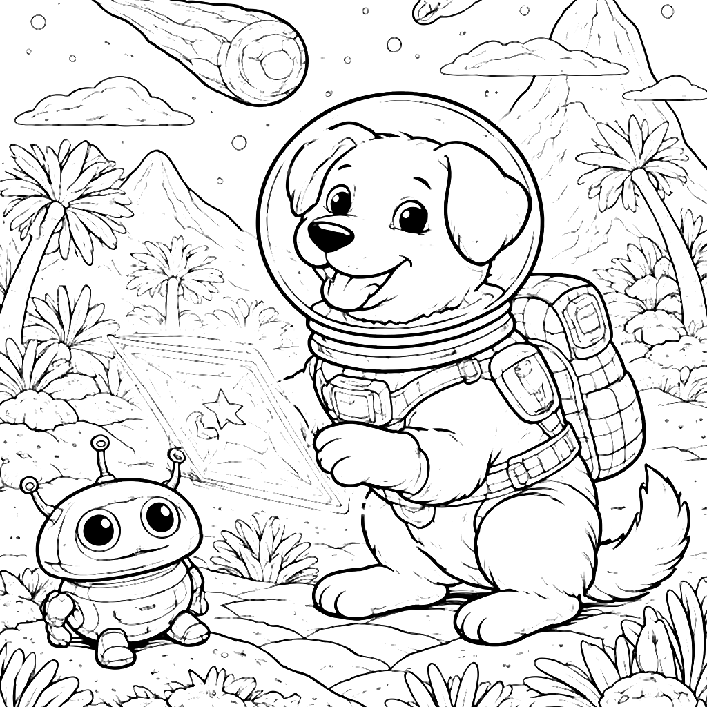 Coloring Page of a Dog with a Backpack in Space