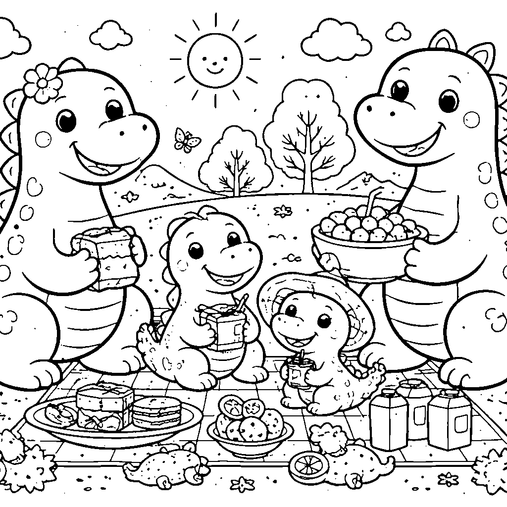 Friendly Dinosaurs Picnic Coloring Page