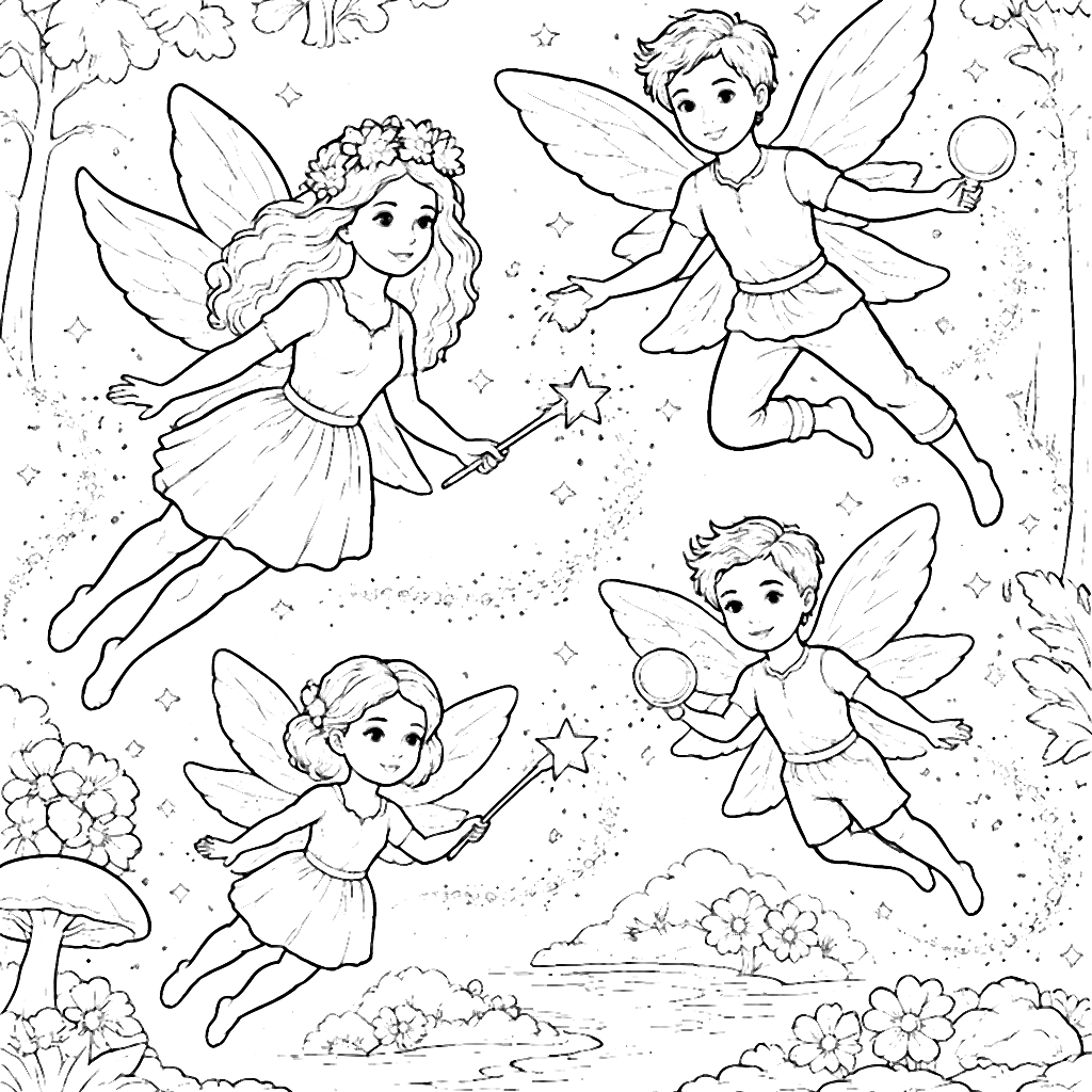Coloring Page of a Family of Friendly Fairies