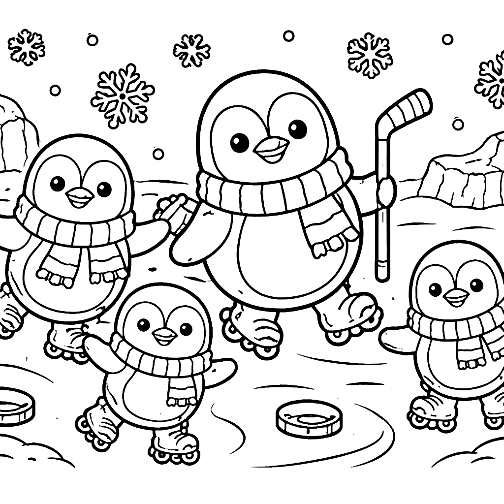 A Family of Friendly Penguins Coloring Page